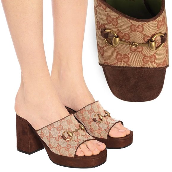 GUCCI SHOES HOUDAN ORIGINAL GG MULES w HORSEBIT SUEDE PLATFORM sz 39 9 US - Picture 1 of 15